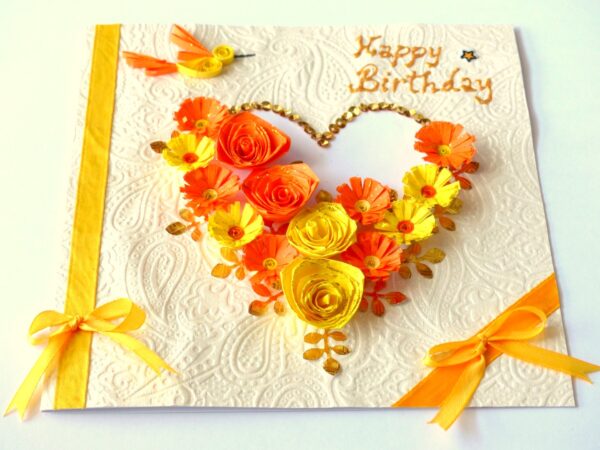 Yellow Themed Quilled Flowers in Heart Greeting Card image