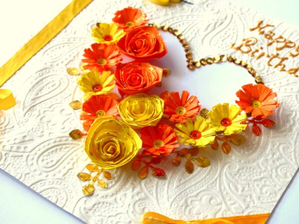 Yellow Themed Quilled Flowers in Heart Greeting Card image