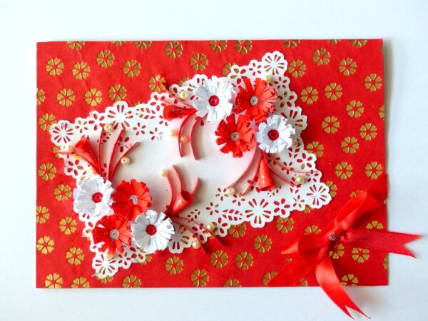 Red Themed Quilled White and Red Flowers Greeting Card image
