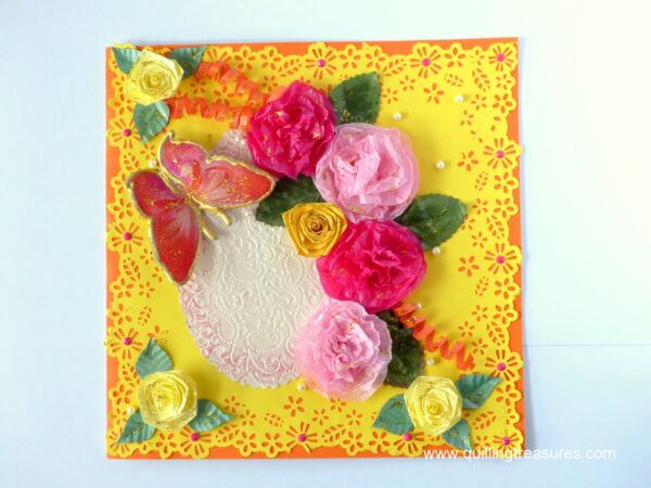 Yellow Paper Lace Border With Pink Flowers Greeting Card image Yellow Paper Lace Border With Pink Flowers Greeting Card image