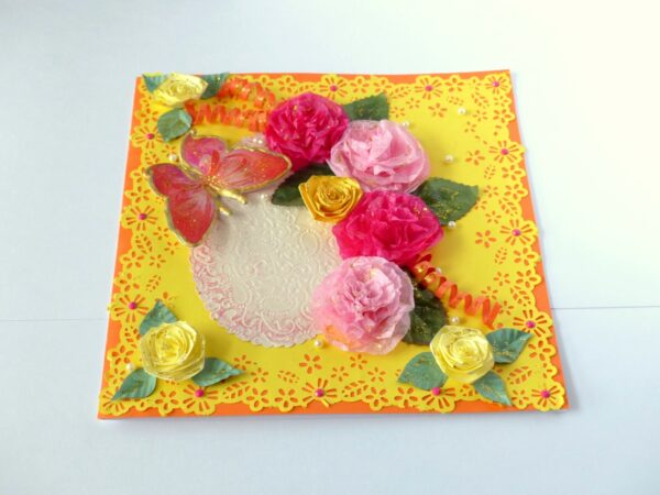 Yellow Paper Lace Border With Pink Flowers Greeting Card image Yellow Paper Lace Border With Pink Flowers Greeting Card image