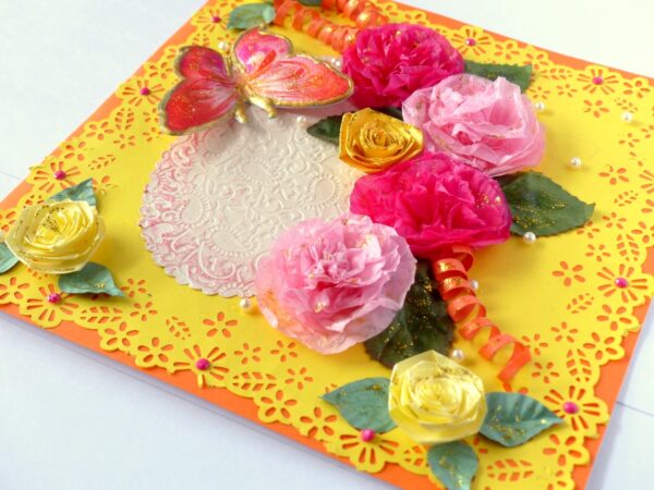 Yellow Paper Lace Border With Pink Flowers Greeting Card image Yellow Paper Lace Border With Pink Flowers Greeting Card image