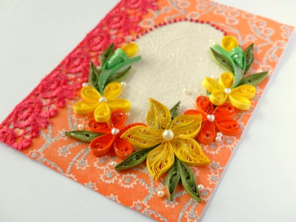 All Orange Quilled Corner With Lace Greeting Card image
