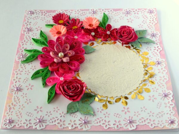 Paper Lace Border Pink Variety Flowers Greeting Card image