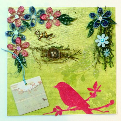 Birds in Love with Nest And Quilled Flowers Greeting Card image Birds in Love with Nest And Quilled Flowers Greeting Card image