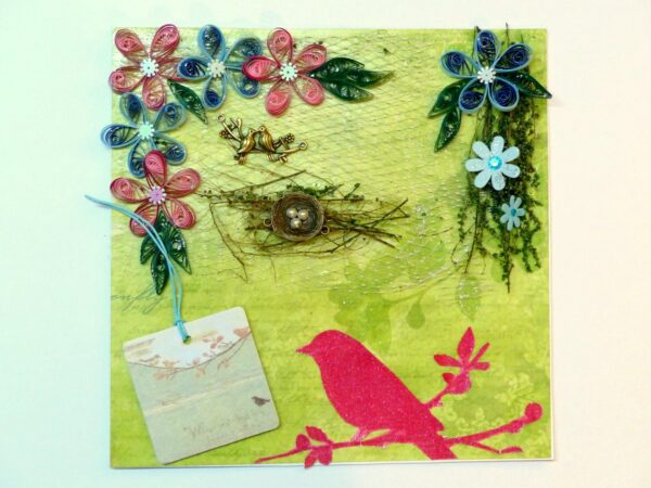 Birds in Love with Nest And Quilled Flowers Greeting Card image Birds in Love with Nest And Quilled Flowers Greeting Card image