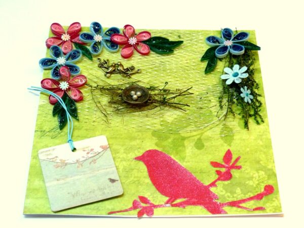 Birds in Love with Nest And Quilled Flowers Greeting Card image Birds in Love with Nest And Quilled Flowers Greeting Card image
