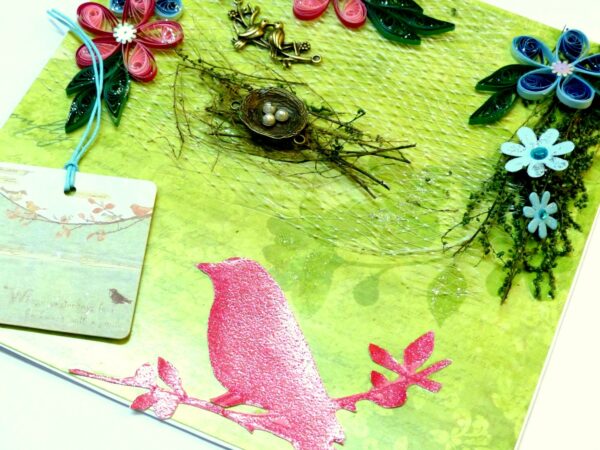 Birds in Love with Nest And Quilled Flowers Greeting Card image Birds in Love with Nest And Quilled Flowers Greeting Card image
