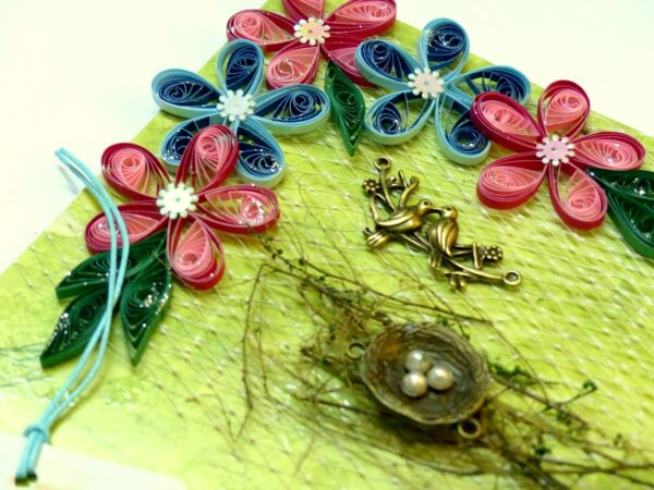 Birds in Love with Nest And Quilled Flowers Greeting Card image Birds in Love with Nest And Quilled Flowers Greeting Card image