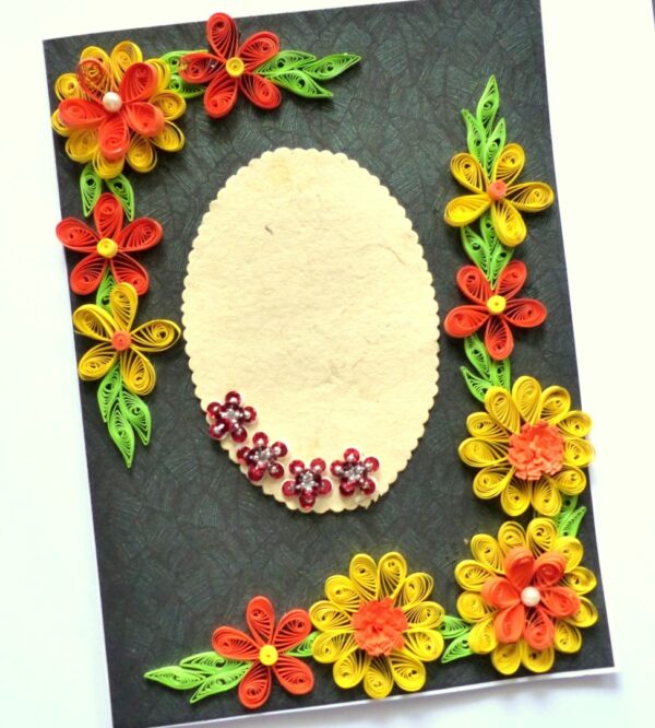 Yellow and Orange Quilled Flowers On Green Card image Yellow and Orange Quilled Flowers On Green Card image