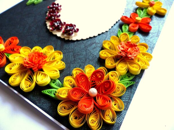 Yellow and Orange Quilled Flowers On Green Card image Yellow and Orange Quilled Flowers On Green Card image