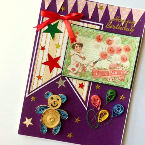 Birthday Quilled Teddy Greeting Card image