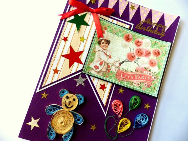 Birthday Quilled Teddy Greeting Card image