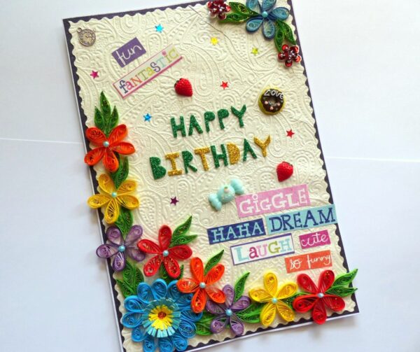 Happy Birthday Quilled Flowers Greeting Card image Happy Birthday Quilled Flowers Greeting Card image