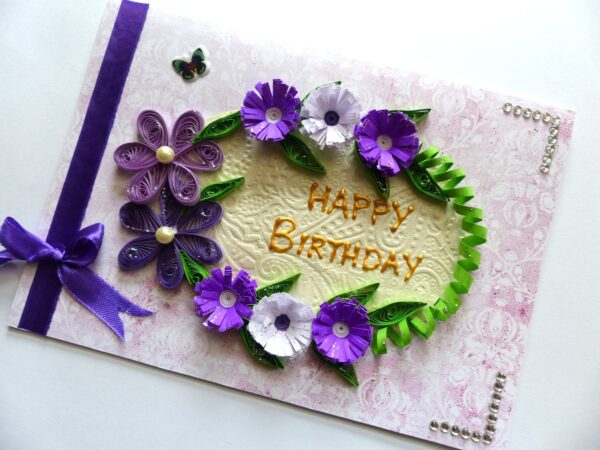 Purple Quilled Flowers in Circle Greeting Card image