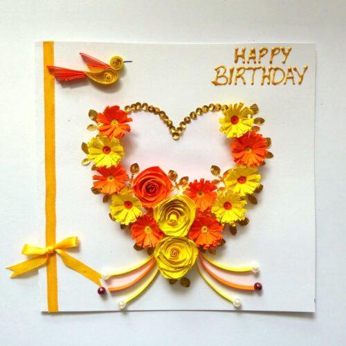 Yellow Themed Quilled Flowers in Heart Greeting Card image