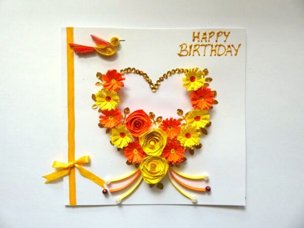 Yellow Themed Quilled Flowers in Heart Greeting Card image Yellow Themed Quilled Flowers in Heart Greeting Card image