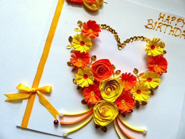 Yellow Themed Quilled Flowers in Heart Greeting Card image Yellow Themed Quilled Flowers in Heart Greeting Card image