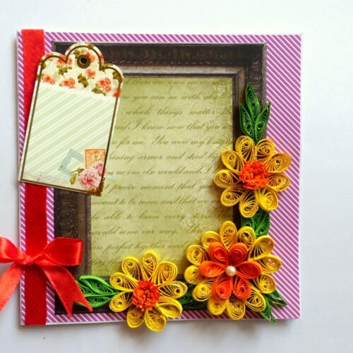 Quilled Yellow Corner Flowers In Photo frame greeting card image