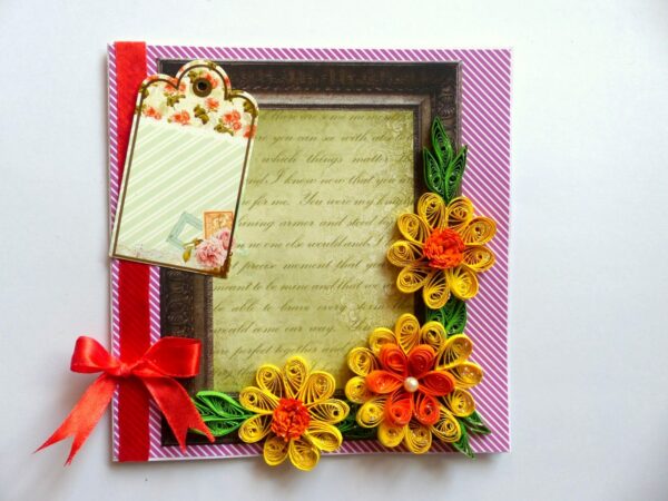 Quilled Yellow Corner Flowers In Photo frame greeting card image Quilled Yellow Corner Flowers In Photo frame greeting card image