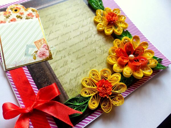 Quilled Yellow Corner Flowers In Photo frame greeting card image Quilled Yellow Corner Flowers In Photo frame greeting card image