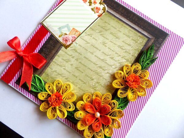Quilled Yellow Corner Flowers In Photo frame greeting card image Quilled Yellow Corner Flowers In Photo frame greeting card image