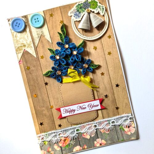 Quilled Blue Flowers New Year Greeting Card image