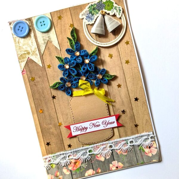 Quilled Blue Flowers New Year Greeting Card image