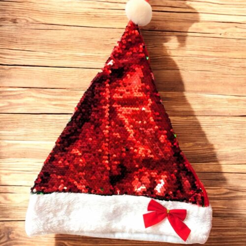 Red Green Flip Sequin Santa Cap with Bow