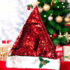 Red Green Flip Sequin Santa Cap with Holly Leaves