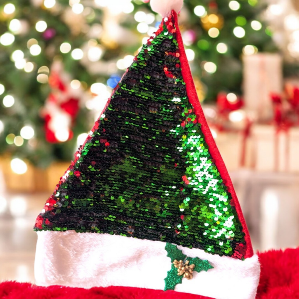 Red Green Flip Sequin Santa Cap with Holly Leaves