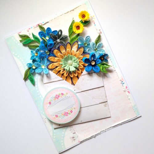 Blue Quilled Flowers In Envelope Greeting Card