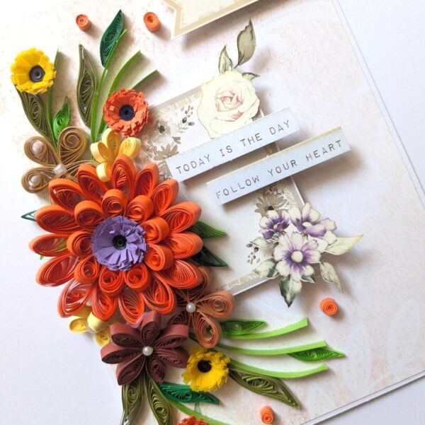 PXL_20250223_054157638 Sparkling Orange Quilled Flowers Card