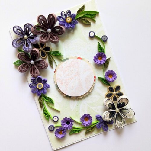 Purple Quilled Flowers Corner Greeting Card