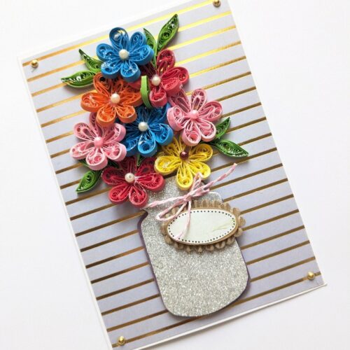 Multicolored Quilled Flowers In Vase Greeting Card