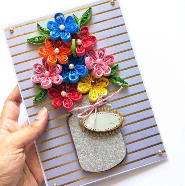 PXL_20250503_102951782.PORTRAIT.ORIGINAL Multicolored Quilled Flowers In Vase Greeting Card