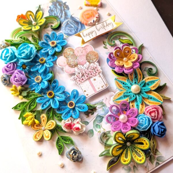 A4 Sparkling Quilled Flowers Birthday Greeting card