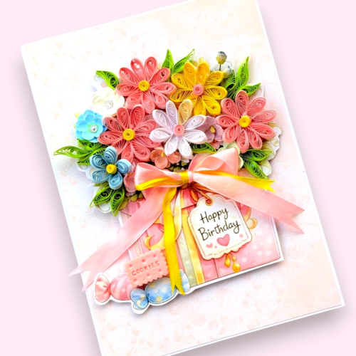Pinks Quilled flowers in gift box greeting card