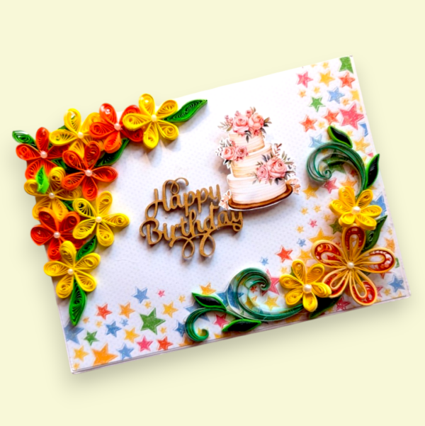 Yellow Orange Quilled Birthday Greeting Card image Yellow Orange Quilled Birthday Greeting Card image