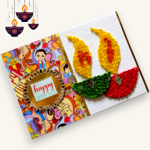Handmade Quilled Diyas Diwali Greeting Card